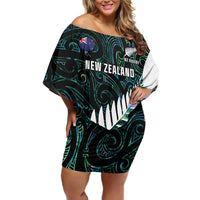 New Zealand Silver Fern Rugby Custom Family Matching Off Shoulder Short Dress and Hawaiian Shirt Go All Black Turquoise Maori Paua Shell - Polynesian Pride
