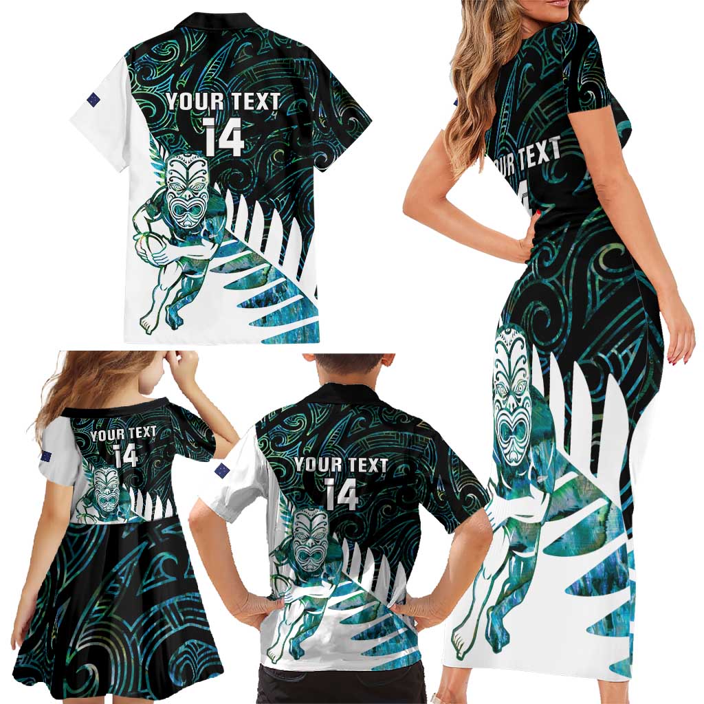 New Zealand Silver Fern Rugby Custom Family Matching Short Sleeve Bodycon Dress and Hawaiian Shirt Go All Black Turquoise Maori Paua Shell - Polynesian Pride