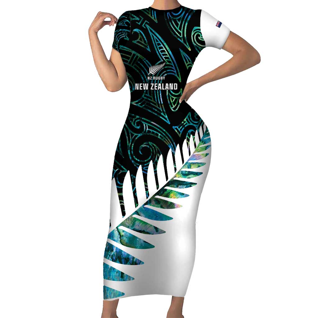 New Zealand Silver Fern Rugby Custom Family Matching Short Sleeve Bodycon Dress and Hawaiian Shirt Go All Black Turquoise Maori Paua Shell - Polynesian Pride