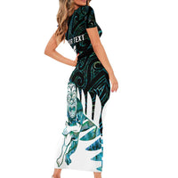 New Zealand Silver Fern Rugby Custom Family Matching Short Sleeve Bodycon Dress and Hawaiian Shirt Go All Black Turquoise Maori Paua Shell - Polynesian Pride