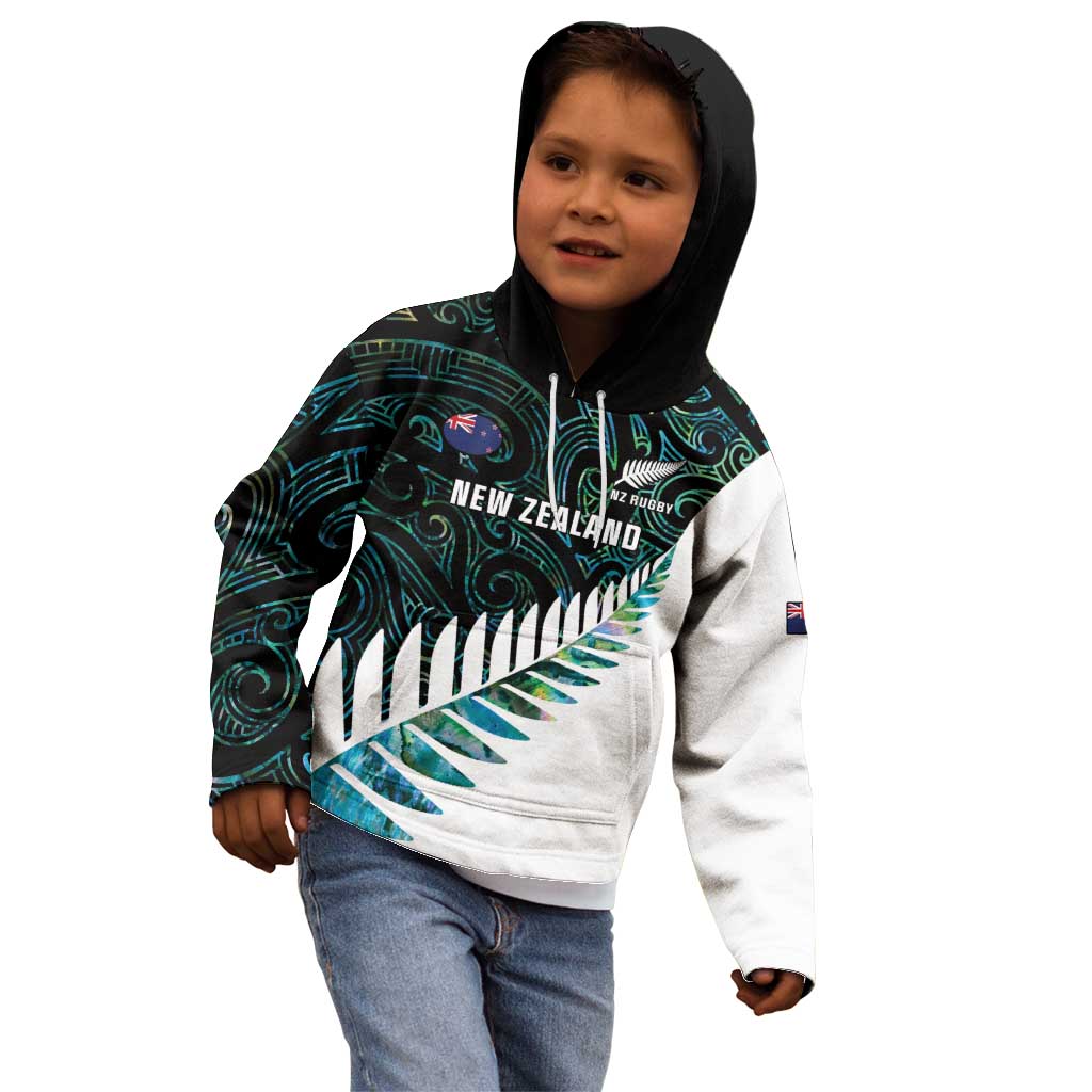 New Zealand Silver Fern Rugby Custom Kid Hoodie Go All Black Turquoise Maori Paua Shell - Polynesian Pride