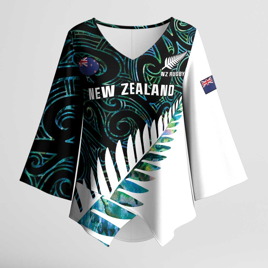 New Zealand Silver Fern Rugby Custom Kimono Sleeve Blouse Go All Black Turquoise Maori Paua Shell - Polynesian Pride