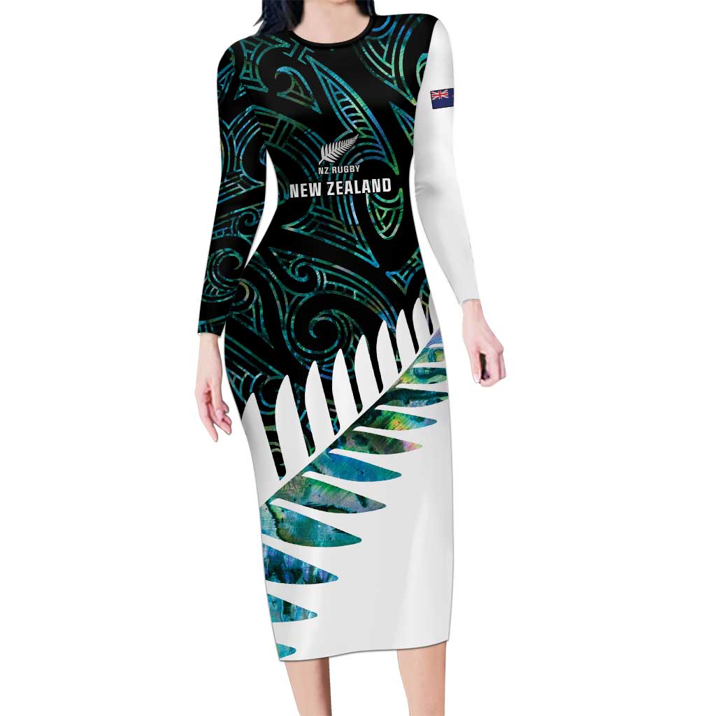 New Zealand Silver Fern Rugby Custom Long Sleeve Bodycon Dress Go All Black Turquoise Maori Paua Shell - Polynesian Pride