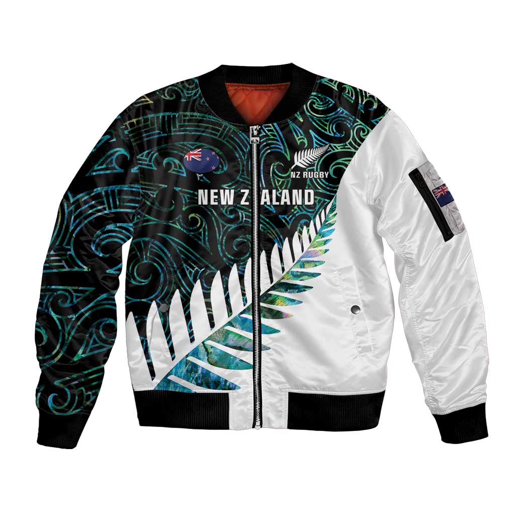 New Zealand Silver Fern Rugby Custom Sleeve Zip Bomber Jacket Go All Black Turquoise Maori Paua Shell - Polynesian Pride