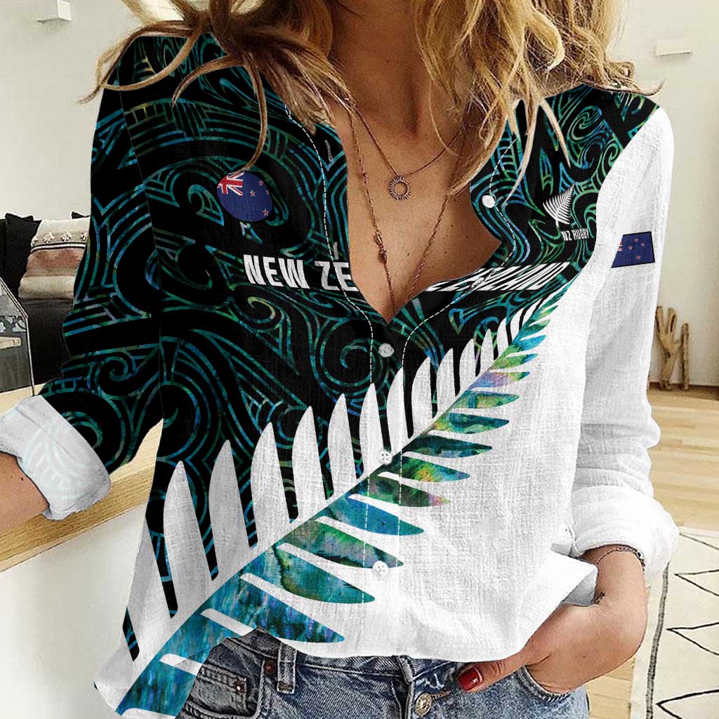 New Zealand Silver Fern Rugby Custom Women Casual Shirt Go All Black Turquoise Maori Paua Shell - Polynesian Pride