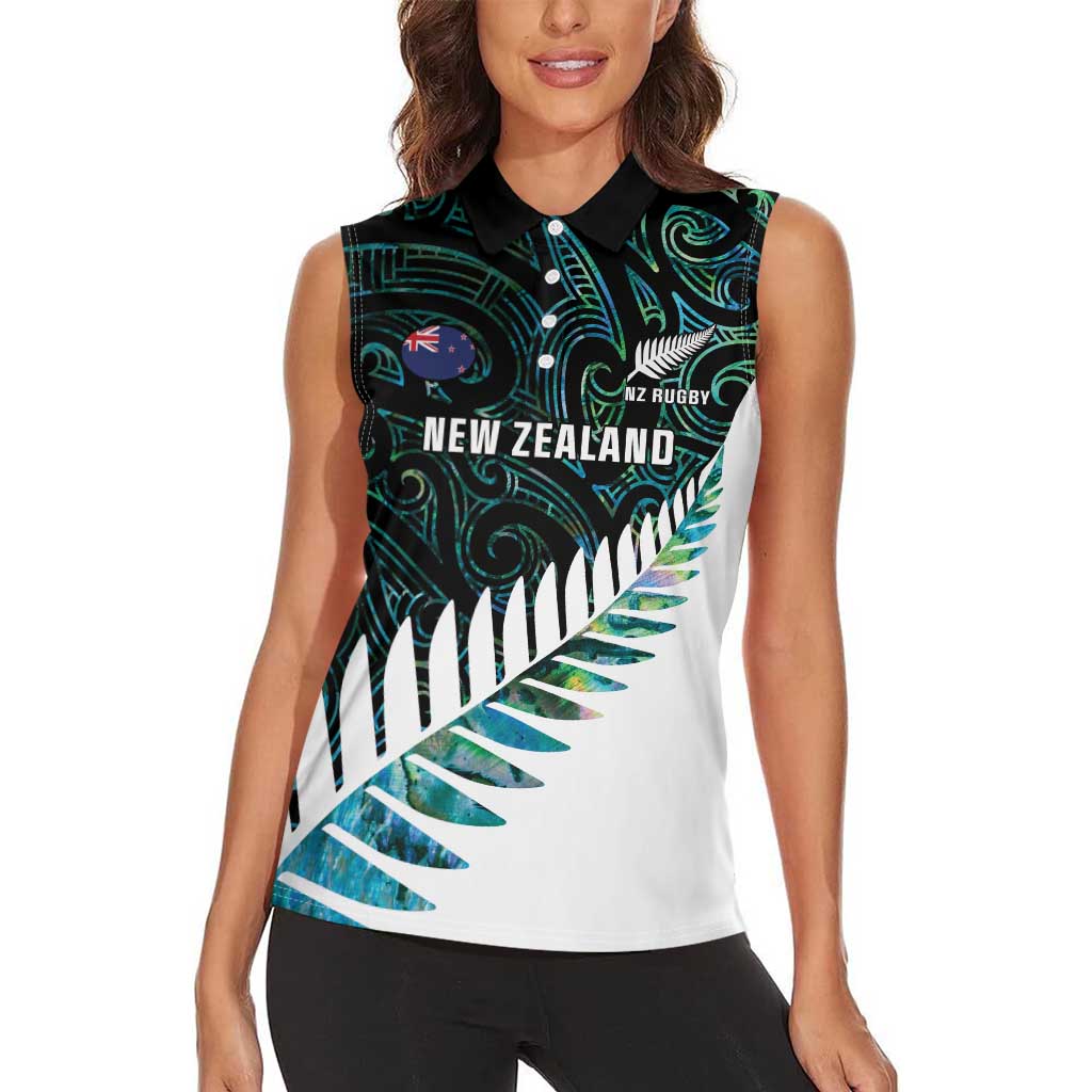 New Zealand Silver Fern Rugby Custom Women Sleeveless Polo Shirt Go All Black Turquoise Maori Paua Shell - Polynesian Pride