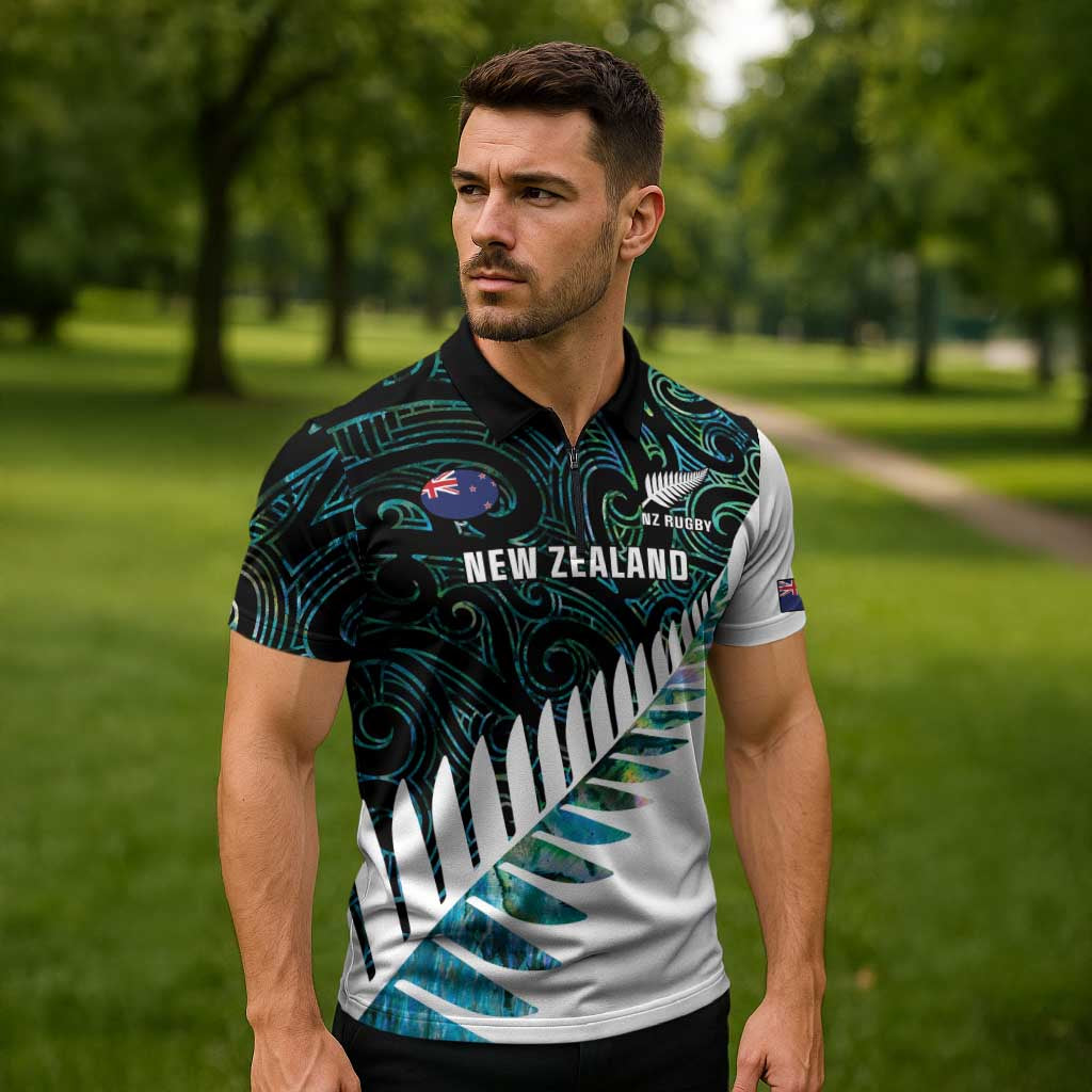 New Zealand Silver Fern Rugby Custom Zipper Polo Shirt Go All Black Turquoise Maori Paua Shell - Polynesian Pride