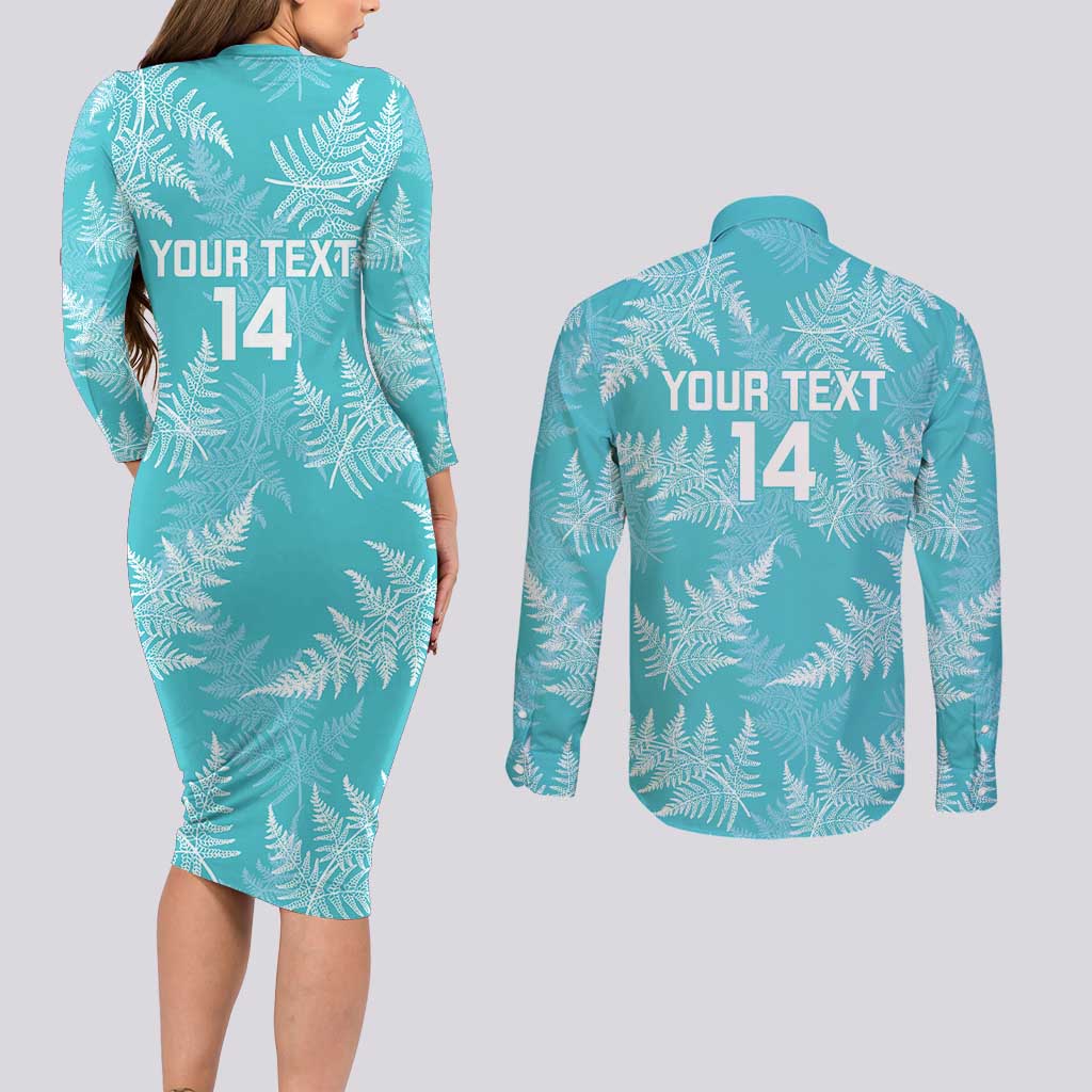 New Zealand Silver Fern Rugby Custom Couples Matching Long Sleeve Bodycon Dress and Long Sleeve Button Shirt Go Aotearoa Champions Turquoise Version - Polynesian Pride