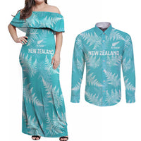 New Zealand Silver Fern Rugby Custom Couples Matching Off Shoulder Maxi Dress and Long Sleeve Button Shirt Go Aotearoa Champions Turquoise Version - Polynesian Pride