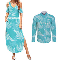 New Zealand Silver Fern Rugby Custom Couples Matching Summer Maxi Dress and Long Sleeve Button Shirt Go Aotearoa Champions Turquoise Version - Polynesian Pride
