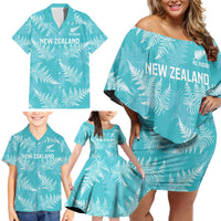 New Zealand Silver Fern Rugby Custom Family Matching Off Shoulder Short Dress and Hawaiian Shirt Go Aotearoa Champions Turquoise Version - Polynesian Pride