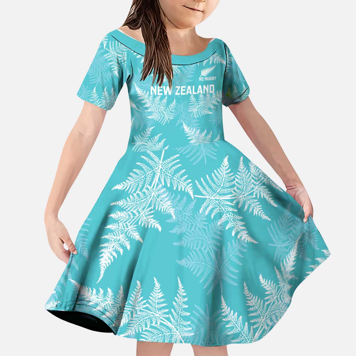 New Zealand Silver Fern Rugby Custom Kid Short Sleeve Dress Go Aotearoa Champions Turquoise Version - Polynesian Pride