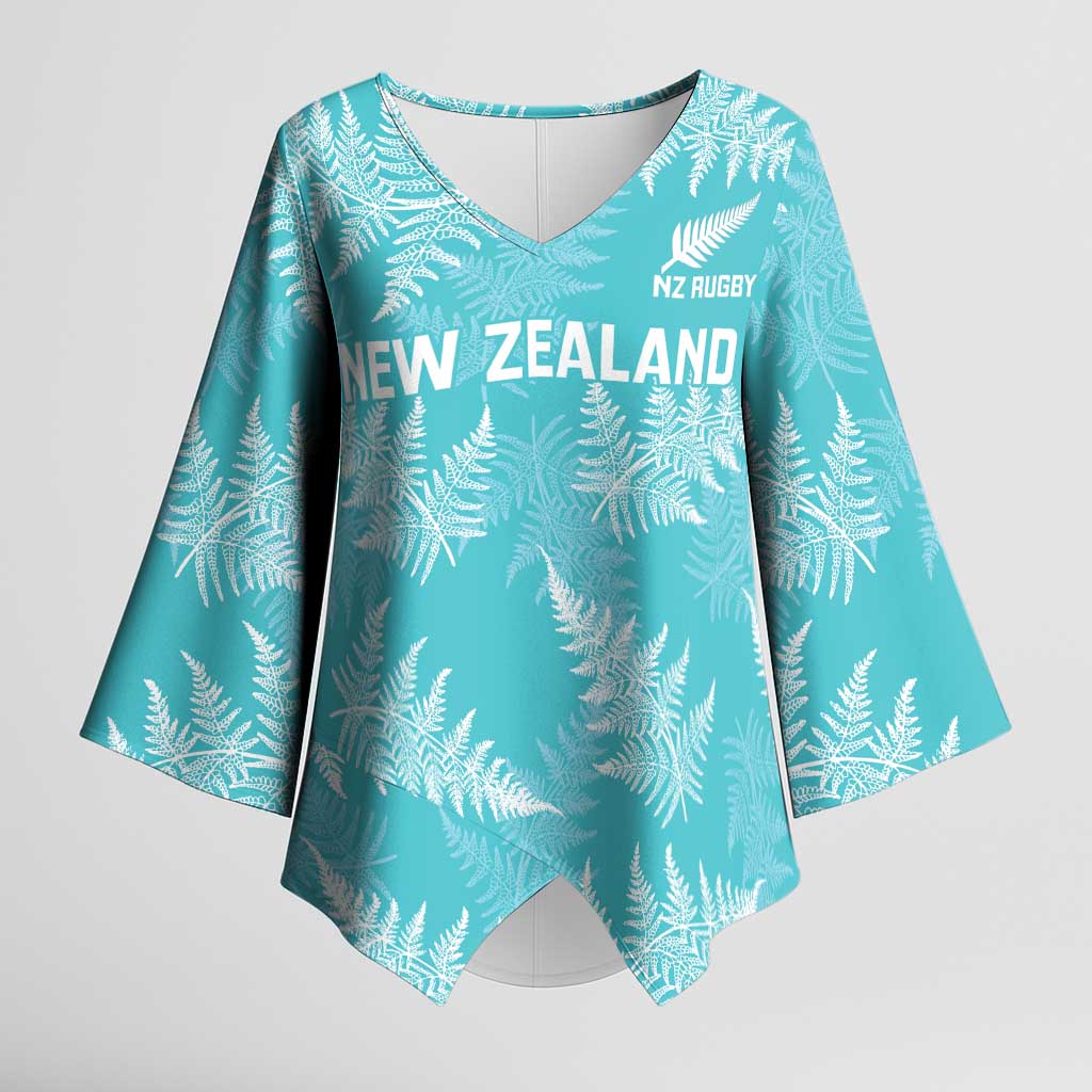 New Zealand Silver Fern Rugby Custom Kimono Sleeve Blouse Go Aotearoa Champions Turquoise Version - Polynesian Pride
