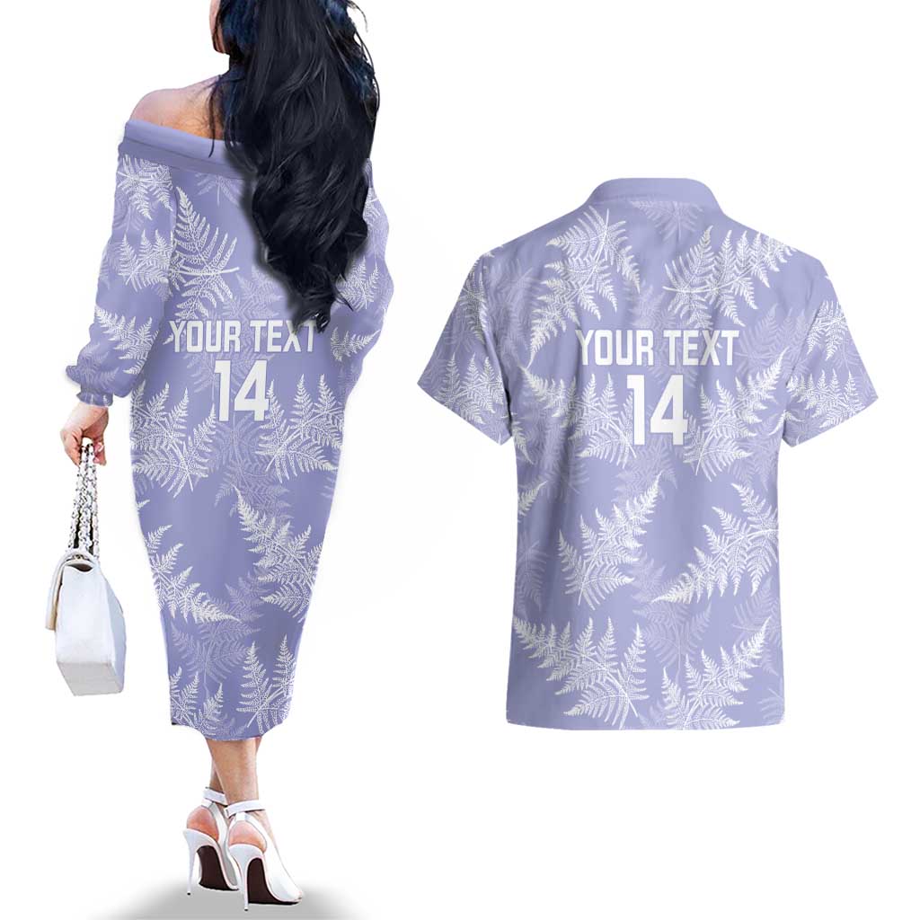 New Zealand Silver Fern Rugby Custom Couples Matching Off The Shoulder Long Sleeve Dress and Hawaiian Shirt Go Aotearoa Champions Purple Version - Polynesian Pride