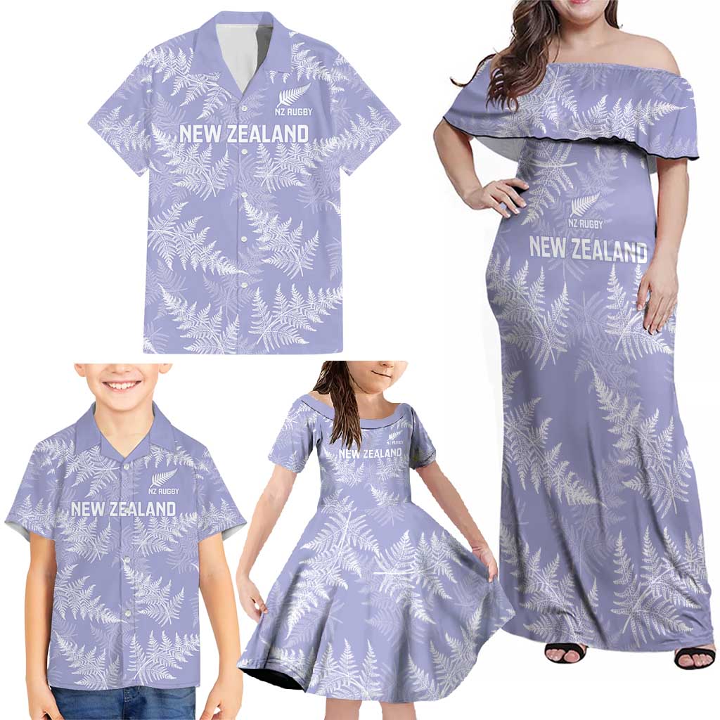 New Zealand Silver Fern Rugby Custom Family Matching Off Shoulder Maxi Dress and Hawaiian Shirt Go Aotearoa Champions Purple Version - Polynesian Pride