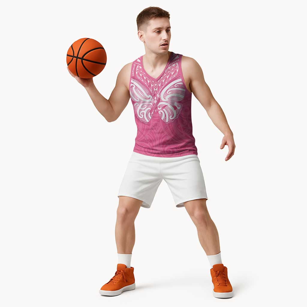 New Zealand Breast Cancer Awareness Basketball Jersey Maori Butterfly Pink Ribbon - Polynesian Pride