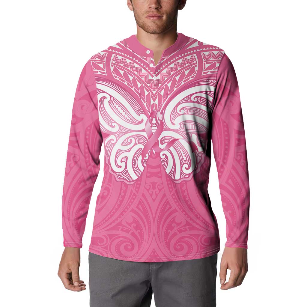 New Zealand Breast Cancer Awareness Button Sweatshirt Maori Butterfly Pink Ribbon LT14 - Polynesian Pride