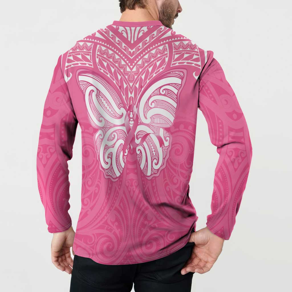 New Zealand Breast Cancer Awareness Button Sweatshirt Maori Butterfly Pink Ribbon LT14 - Polynesian Pride