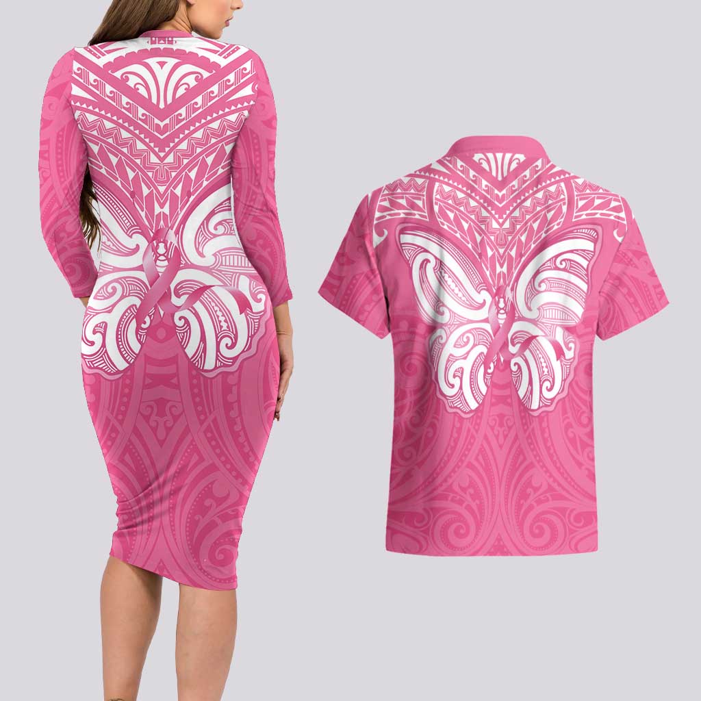 New Zealand Breast Cancer Awareness Couples Matching Long Sleeve Bodycon Dress and Hawaiian Shirt Maori Butterfly Pink Ribbon - Polynesian Pride