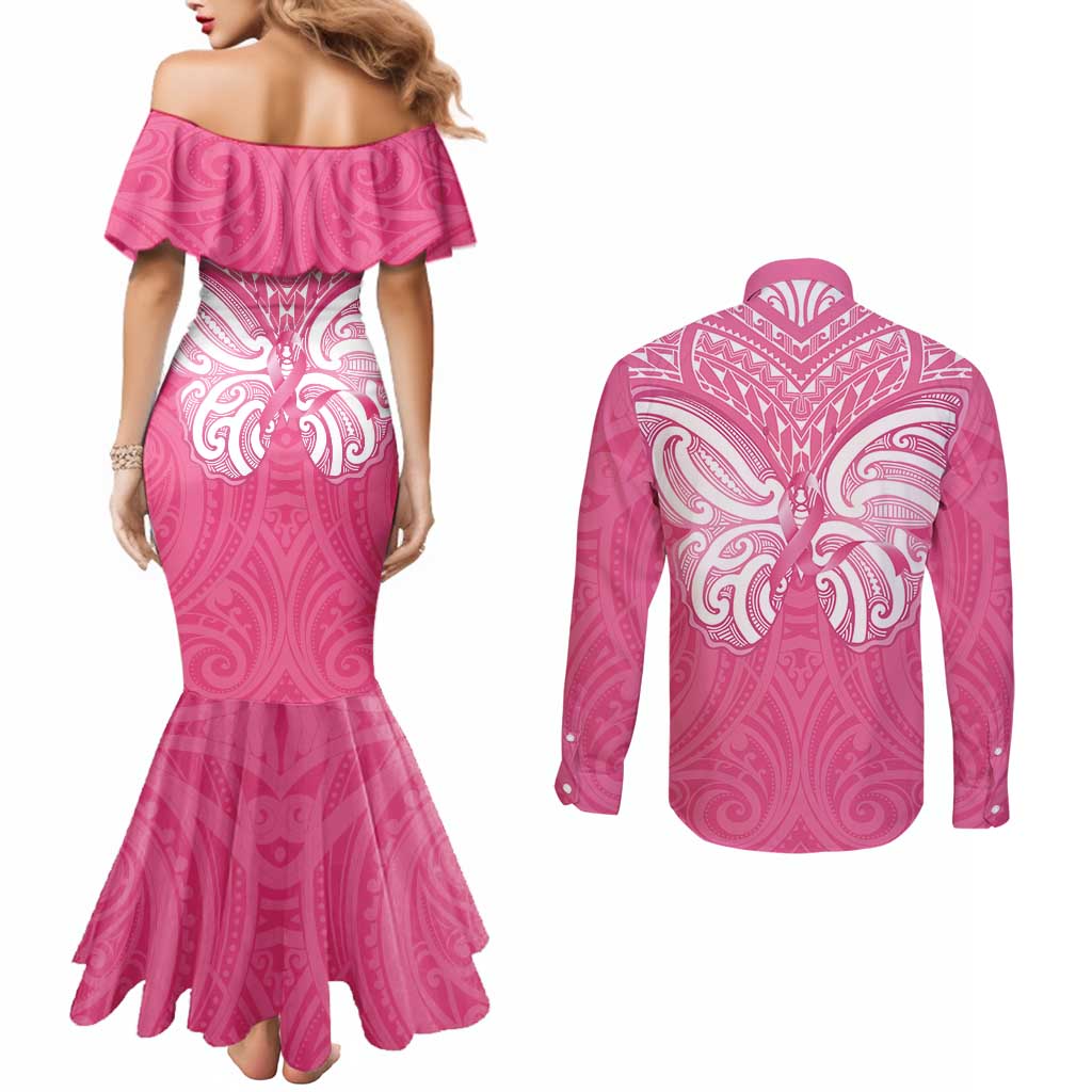 New Zealand Breast Cancer Awareness Couples Matching Mermaid Dress and Long Sleeve Button Shirt Maori Butterfly Pink Ribbon - Polynesian Pride