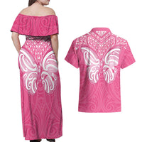 New Zealand Breast Cancer Awareness Couples Matching Off Shoulder Maxi Dress and Hawaiian Shirt Maori Butterfly Pink Ribbon - Polynesian Pride