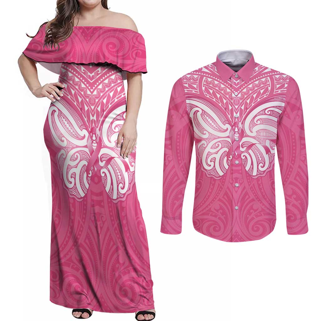 New Zealand Breast Cancer Awareness Couples Matching Off Shoulder Maxi Dress and Long Sleeve Button Shirt Maori Butterfly Pink Ribbon - Polynesian Pride