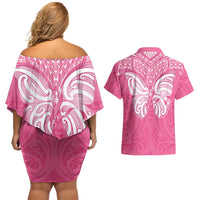 New Zealand Breast Cancer Awareness Couples Matching Off Shoulder Short Dress and Hawaiian Shirt Maori Butterfly Pink Ribbon - Polynesian Pride