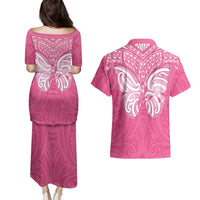 New Zealand Breast Cancer Awareness Couples Matching Puletasi and Hawaiian Shirt Maori Butterfly Pink Ribbon - Polynesian Pride