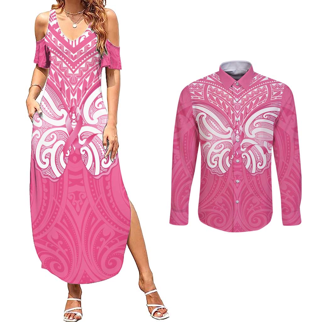 New Zealand Breast Cancer Awareness Couples Matching Summer Maxi Dress and Long Sleeve Button Shirt Maori Butterfly Pink Ribbon - Polynesian Pride