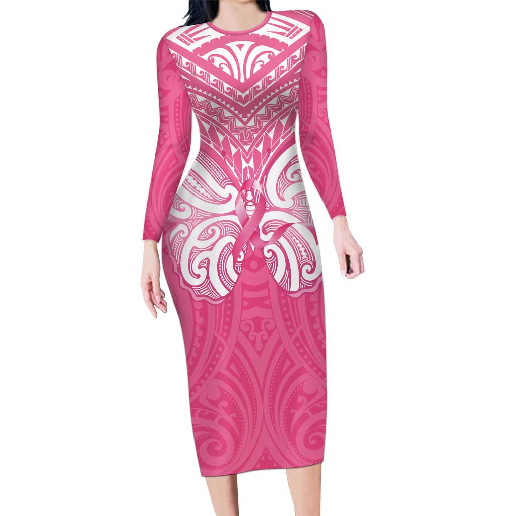 New Zealand Breast Cancer Awareness Family Matching Long Sleeve Bodycon Dress and Hawaiian Shirt Maori Butterfly Pink Ribbon - Polynesian Pride