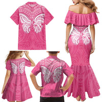 New Zealand Breast Cancer Awareness Family Matching Mermaid Dress and Hawaiian Shirt Maori Butterfly Pink Ribbon - Polynesian Pride