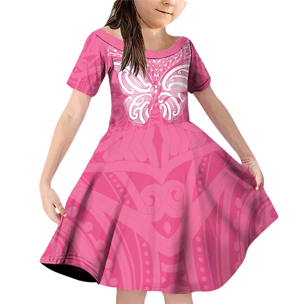 New Zealand Breast Cancer Awareness Family Matching Off Shoulder Short Dress and Hawaiian Shirt Maori Butterfly Pink Ribbon - Polynesian Pride