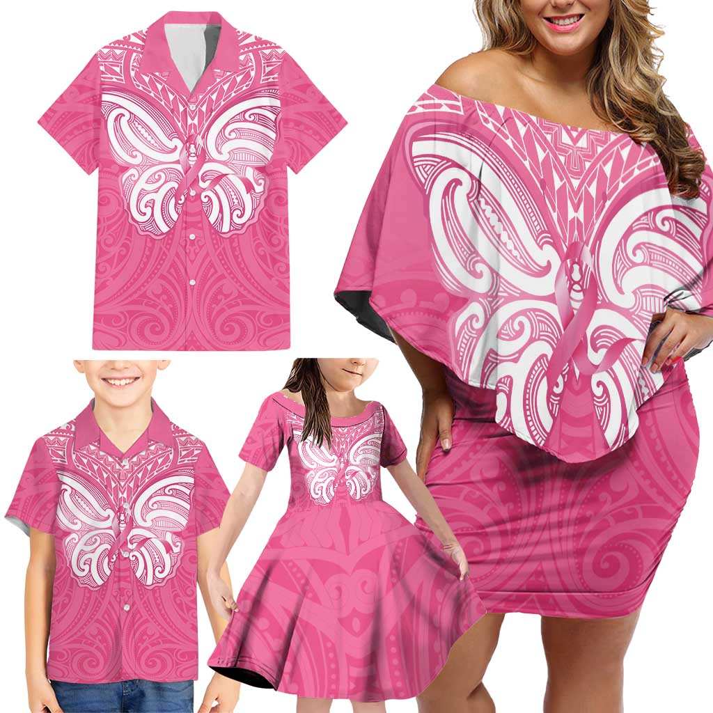 New Zealand Breast Cancer Awareness Family Matching Off Shoulder Short Dress and Hawaiian Shirt Maori Butterfly Pink Ribbon - Polynesian Pride
