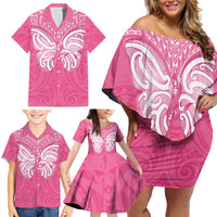 New Zealand Breast Cancer Awareness Family Matching Off Shoulder Short Dress and Hawaiian Shirt Maori Butterfly Pink Ribbon - Polynesian Pride