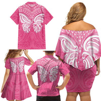 New Zealand Breast Cancer Awareness Family Matching Off Shoulder Short Dress and Hawaiian Shirt Maori Butterfly Pink Ribbon - Polynesian Pride