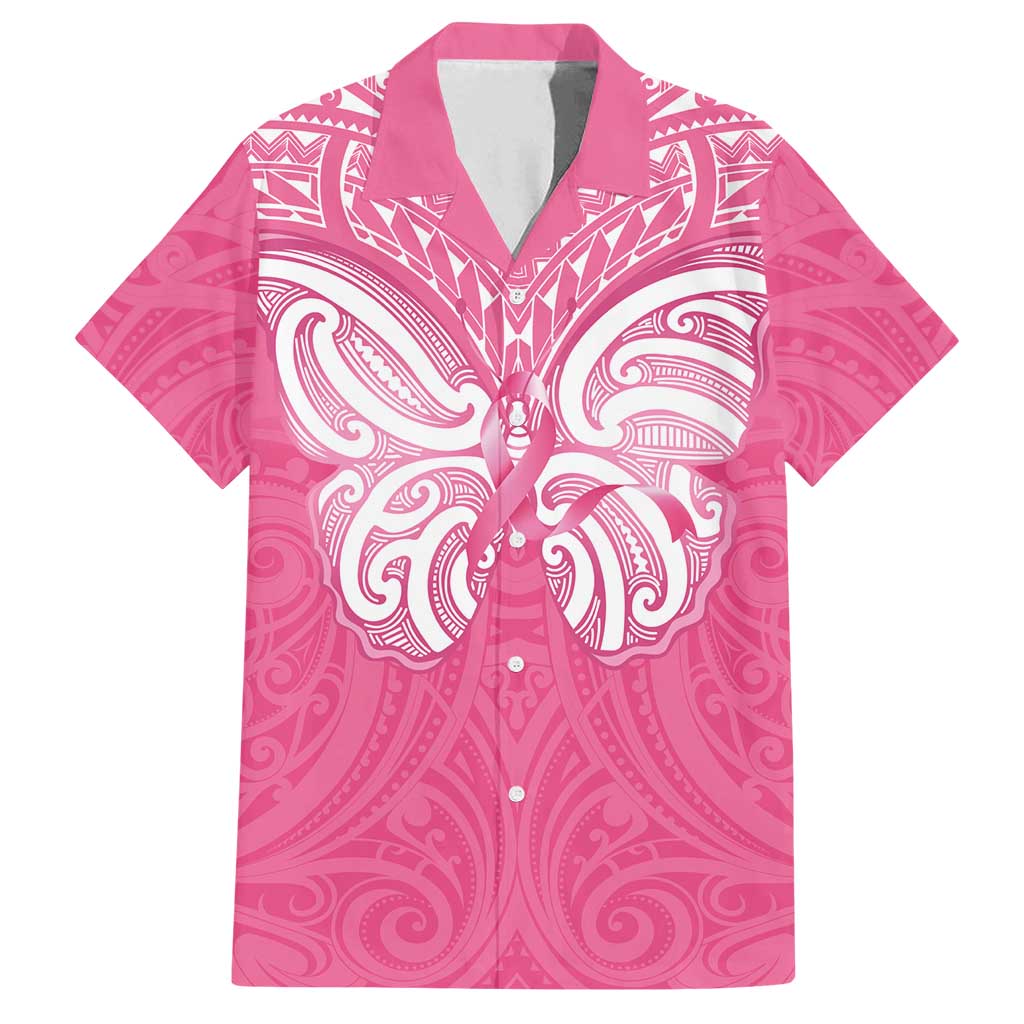 New Zealand Breast Cancer Awareness Family Matching Off Shoulder Short Dress and Hawaiian Shirt Maori Butterfly Pink Ribbon - Polynesian Pride