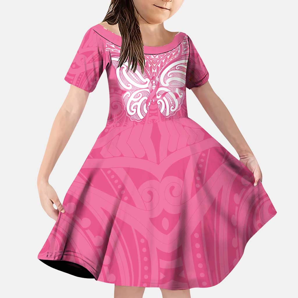 New Zealand Breast Cancer Awareness Family Matching Puletasi and Hawaiian Shirt Maori Butterfly Pink Ribbon - Polynesian Pride