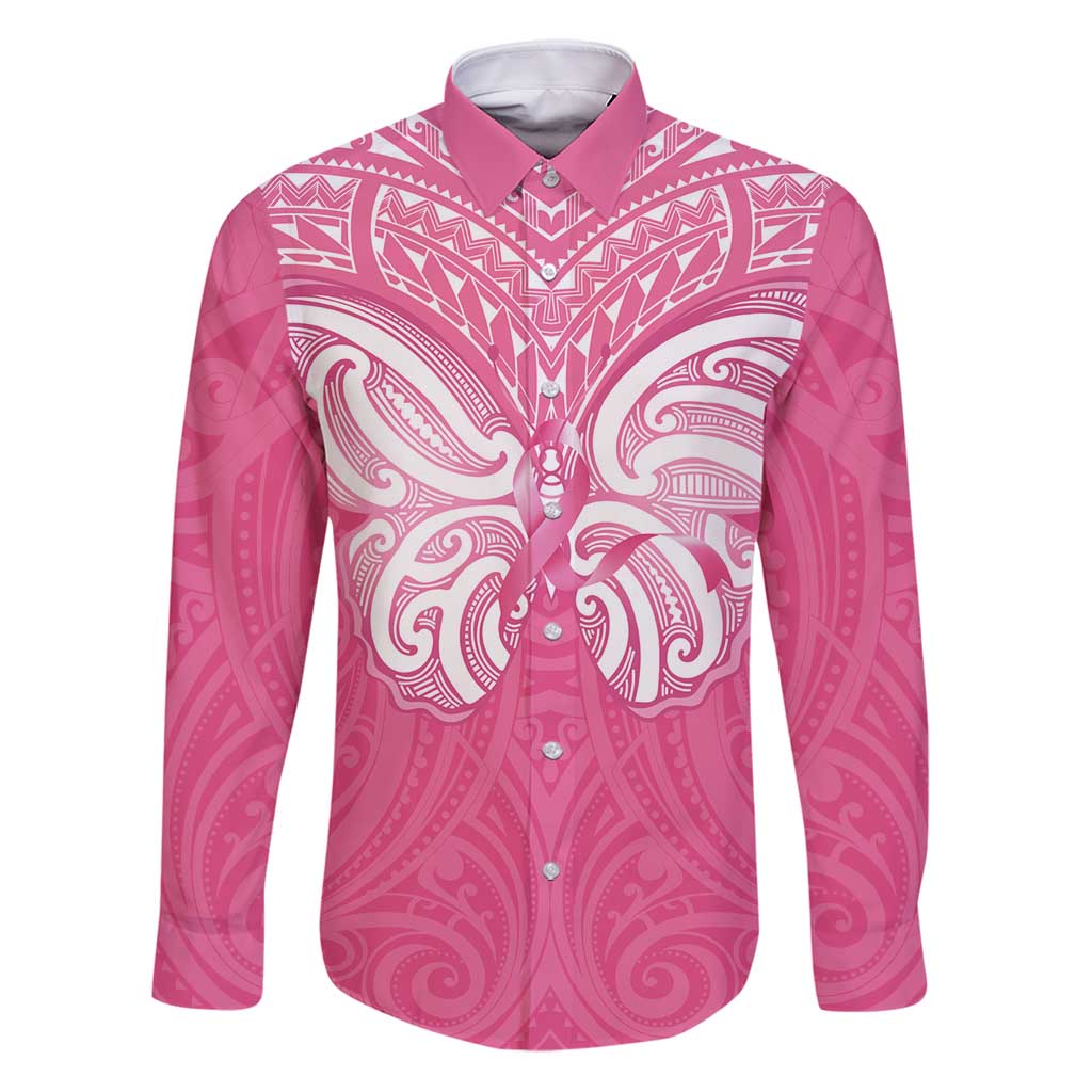 New Zealand Breast Cancer Awareness Family Matching Puletasi and Hawaiian Shirt Maori Butterfly Pink Ribbon - Polynesian Pride