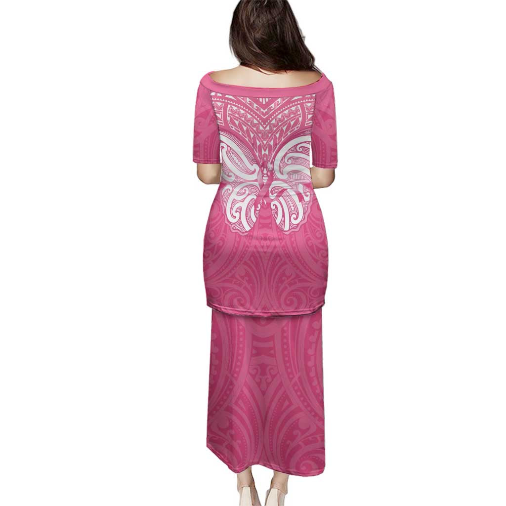 New Zealand Breast Cancer Awareness Family Matching Puletasi and Hawaiian Shirt Maori Butterfly Pink Ribbon - Polynesian Pride