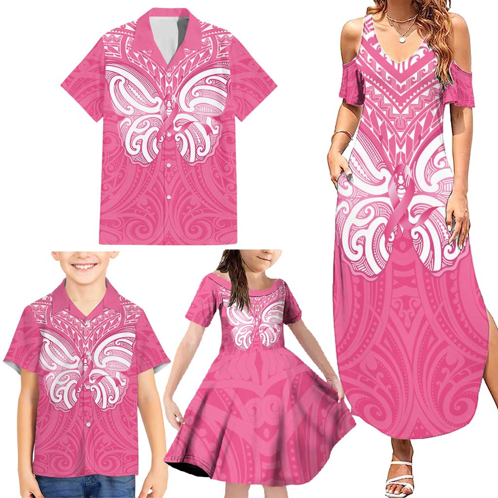 New Zealand Breast Cancer Awareness Family Matching Summer Maxi Dress and Hawaiian Shirt Maori Butterfly Pink Ribbon - Polynesian Pride