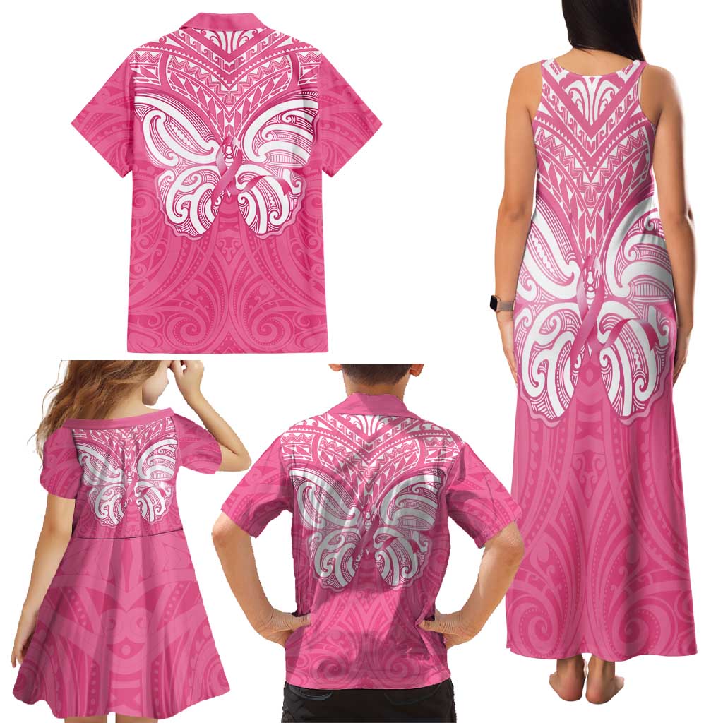 New Zealand Breast Cancer Awareness Family Matching Tank Maxi Dress and Hawaiian Shirt Maori Butterfly Pink Ribbon - Polynesian Pride