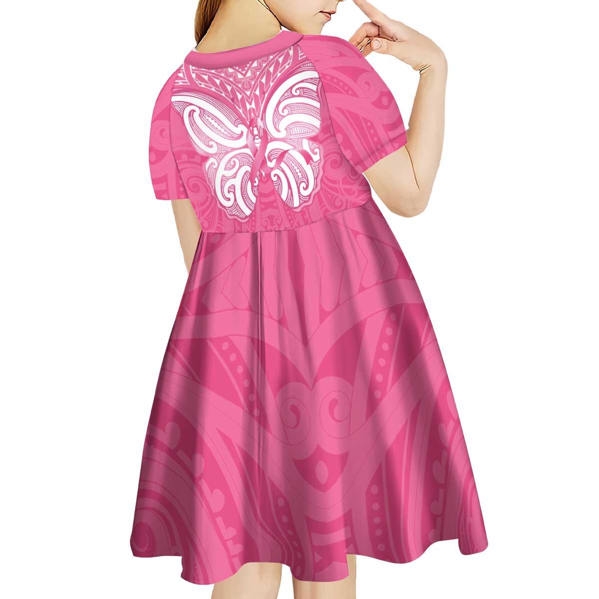 New Zealand Breast Cancer Awareness Kid Short Sleeve Dress Maori Butterfly Pink Ribbon - Polynesian Pride