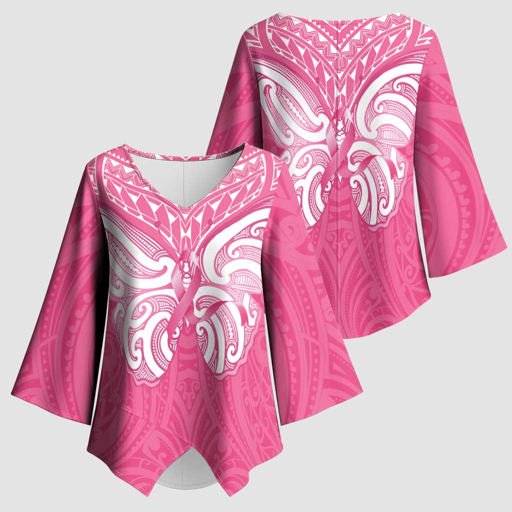 New Zealand Breast Cancer Awareness Kimono Sleeve Blouse Maori Butterfly Pink Ribbon - Polynesian Pride