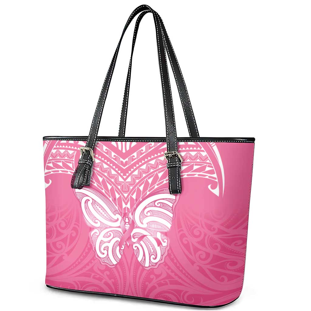 New Zealand Breast Cancer Awareness Leather Tote Bag Maori Butterfly Pink Ribbon - Polynesian Pride