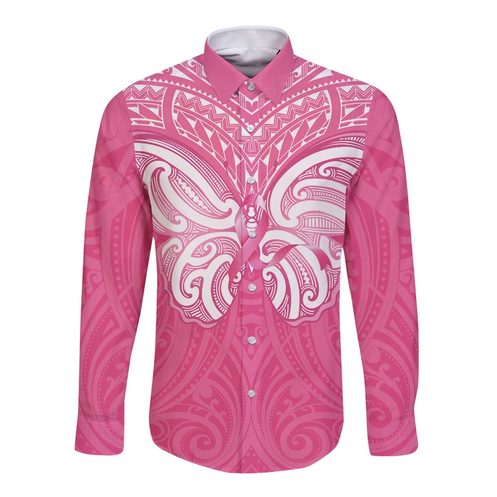 New Zealand Breast Cancer Awareness Long Sleeve Button Shirt Maori Butterfly Pink Ribbon - Polynesian Pride