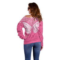New Zealand Breast Cancer Awareness Off Shoulder Sweater Maori Butterfly Pink Ribbon - Polynesian Pride