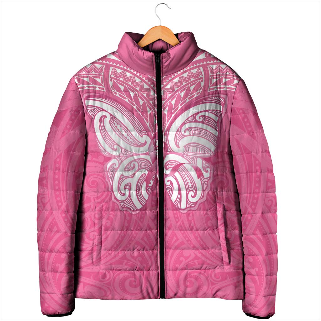 New Zealand Breast Cancer Awareness Padded Jacket Maori Butterfly Pink Ribbon - Polynesian Pride