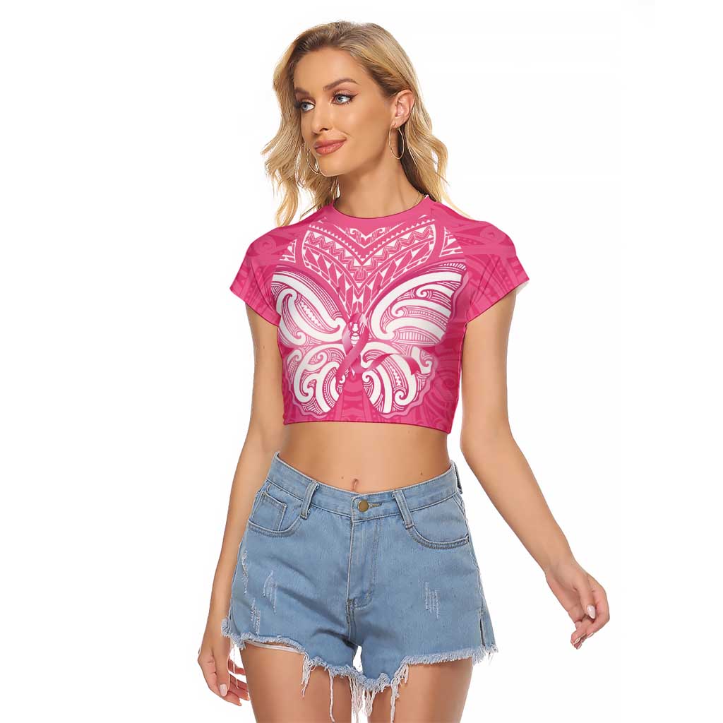New Zealand Breast Cancer Awareness Raglan Cropped T Shirt Maori Butterfly Pink Ribbon - Polynesian Pride