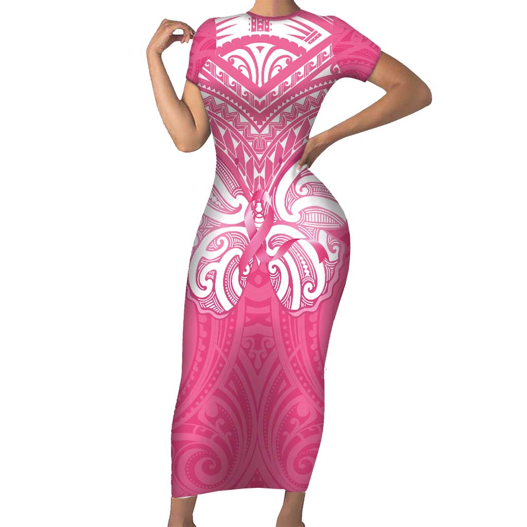 New Zealand Breast Cancer Awareness Short Sleeve Bodycon Dress Maori Butterfly Pink Ribbon - Polynesian Pride