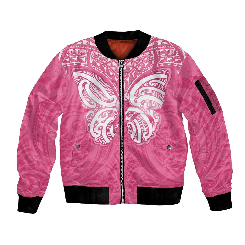 New Zealand Breast Cancer Awareness Sleeve Zip Bomber Jacket Maori Butterfly Pink Ribbon - Polynesian Pride